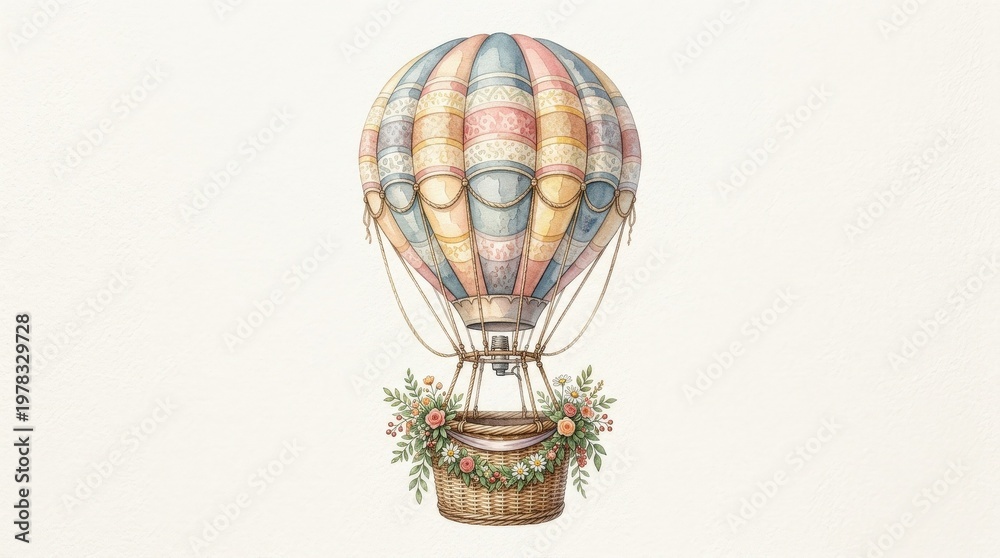 Fototapeta premium A hot air balloon with wicker basket and garland, isolated watercolor element, light travel and leisure symbolism, gentle whimsical charm, ultra-realistic, no logos.