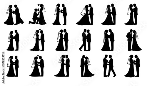 Minimal wedding couple silhouette icon set bride groom love marriage vector isolated on white background