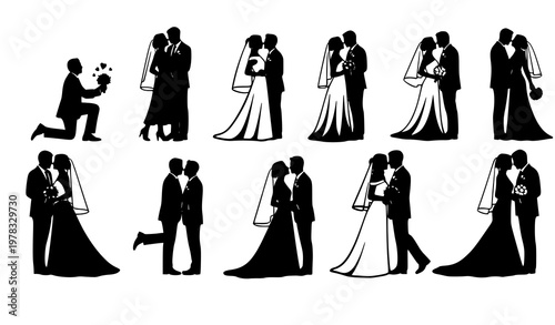 Romantic wedding couple silhouettes collection bride groom love celebration vector isolated on white