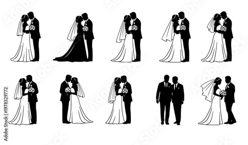 Wedding couple silhouettes bride and groom love marriage vector illustration isolated on white background