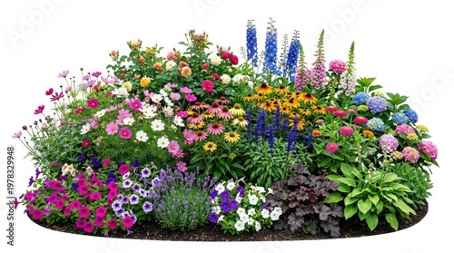 A colorful blooming flowerbed with varied plants and flowers, layered textures, fresh foliage and lively hues, isolated on white background, vibrant garden charm, ultra-realistic, no logos.