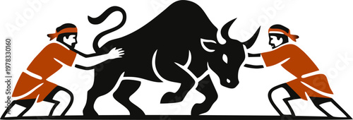 Jallikattu Bull Taming Event Graphic Illustration, Cultural Tamil Festival Sport Vector Art with Brave Men and Powerful Bull