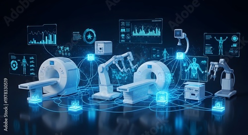 Futuristic Medical Technology: MRI Scanners, Robotic Arms, and Data Visualization