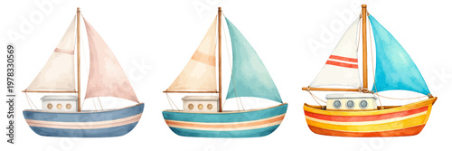 A watercolor collection of sailboat illustrations featuring colorful sailing boats with striped hulls, fabric sails, wooden masts, and nautical details isolated on white background.