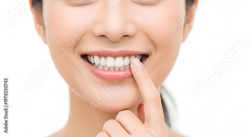 Healthy Smile: Woman's Hand Pointing at Perfect White Teeth, Dental Health and Beauty Concept