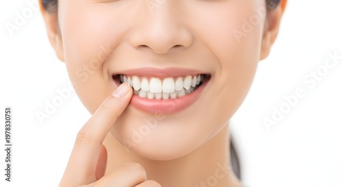 Healthy Smile: Woman's Hand Pointing to Perfect White Teeth