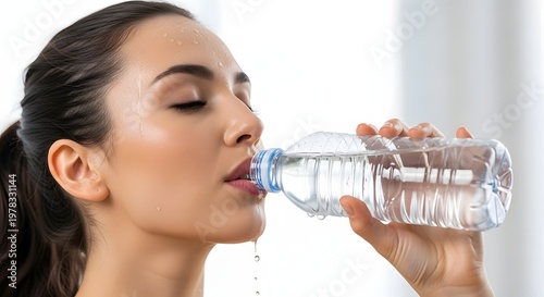 Woman drinking water from a plastic bottle, hydration and wellness concept