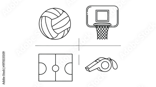 Sports Equipment Icon Set: An illustrated array of sports equipment symbols, elegantly presented in a clean, minimalist design, ready for seamless integration into various design projects.