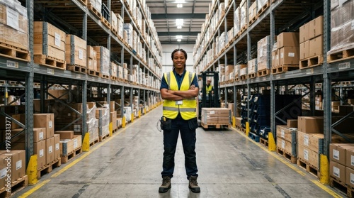 An African American female warehouse operations specialist in a bright yellow safety vest stands with arms crossed in a long storage aisle, overseeing stacked inventory pallets and organized logistics