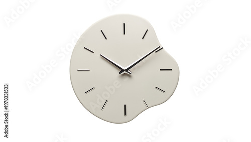 Melting organic shaped clock with black hands, isolated on transparent background