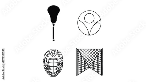Lacrosse Essentials: A minimalist depiction of lacrosse equipment, including a stick, logo, helmet, and net, symbolizing the essential elements of the sport. 
