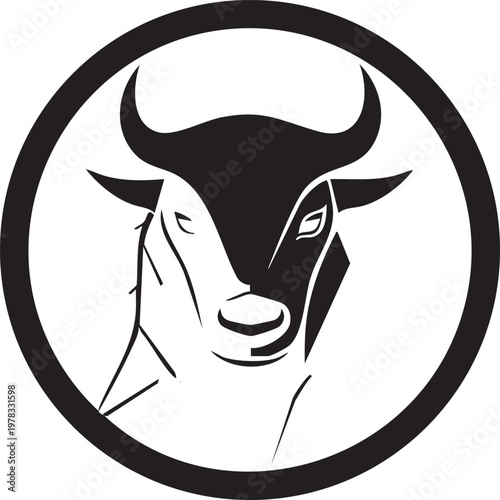Stylized bull face illustration within circle frame artistic black and white animal badge.