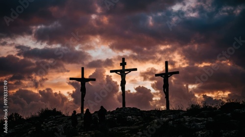 Silhouettes of Jesus Christ and two thieves on crosses beneath a dramatic sky, dark forms against luminous clouds, solemn composition symbolizing crucifixion, sacrifice and Holy Week reflection,