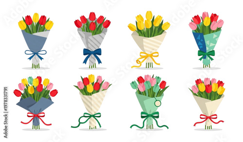 Flat tulip flower bouquet collection vector illustration for spring holiday greeting cards