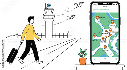 Traveler using mobile navigation app at airport with map directions suitcase and flight journey planning concept illustration