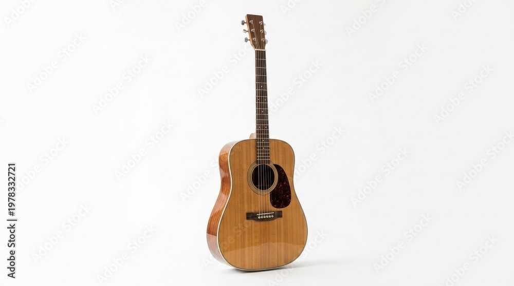 Obraz premium An acoustic guitar isolated on white, natural wood grain, strings and polished body rendered with crisp product detail, balanced studio shadows and clean minimalist presentation, ultra-realistic, no