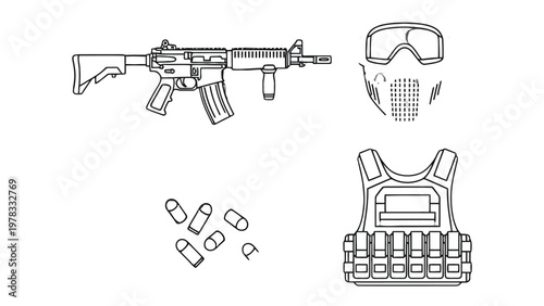 Tactical Gear: Detailed illustration of essential tactical equipment, including an assault rifle, protective mask, tactical vest, and ammunition, ready for action.