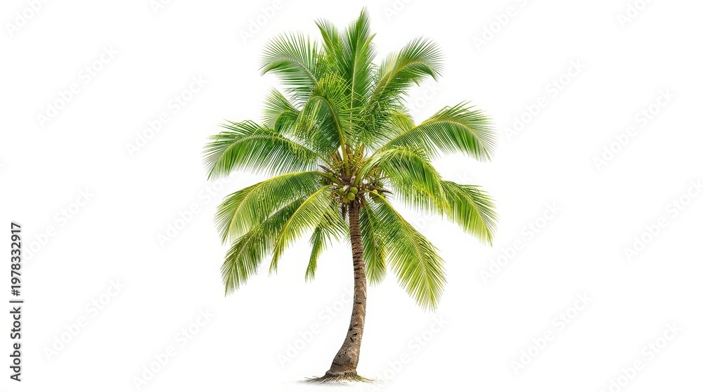 Obraz premium A tropical palm tree in sunlight isolated on white background, bright green fronds and sunny coastal mood with clean natural detail, ultra-realistic, no logos.