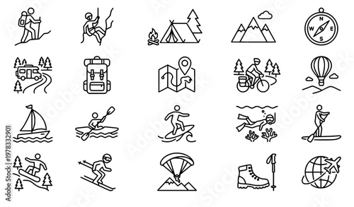 Minimal adventure travel thin line icon set with outdoor activities and exploration symbols on white background