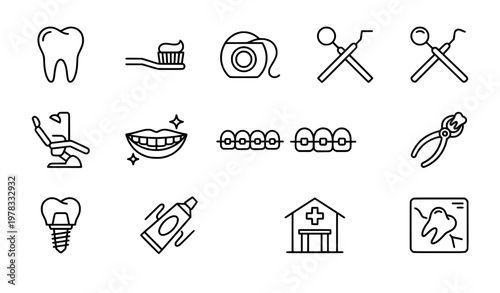 Minimal dental care outline icon set with teeth, clinic tools and oral hygiene symbols on white background