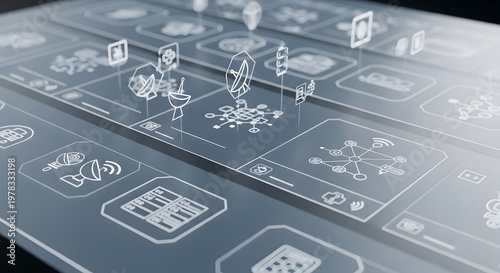 Abstract Technology Interface with Satellite Dishes and Network Connections