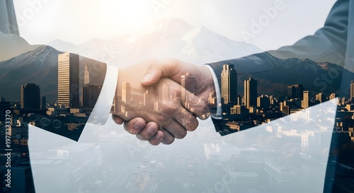 Business Handshake Overlayed with Cityscape and Mountains, Partnership Concept