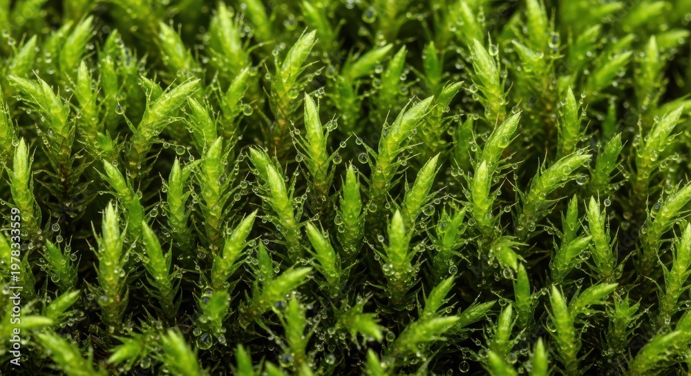 Fototapeta premium Closeup macro photograph of vibrant green moss with tiny, upright shoots