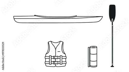 Kayaking Gear Set: A minimalist illustration of essential kayaking equipment, including a kayak, paddle, life vest, and dry bag, ready for adventure on the water.