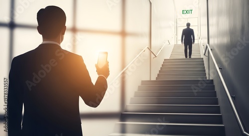 Business Success Concept: Businessman Walking Towards Exit, Career Opportunity