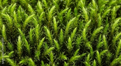 Closeup macro photograph of vibrant green moss with tiny, upright shoots