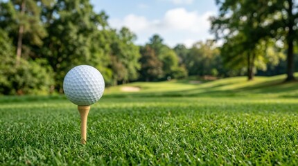 A white golf ball resting on a wooden tee in lush green grass, blurred trees in the background, crisp daylight and quiet sporty elegance, ultra-realistic, no logos.