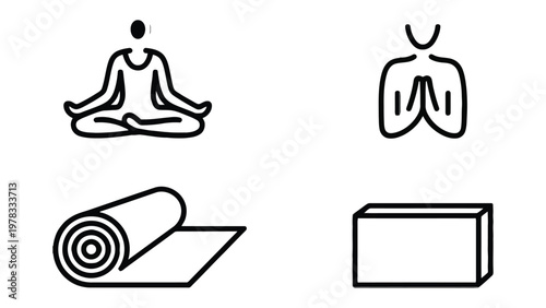 Yoga Iconography: A set of minimalistic yoga icons, depicting essential elements of a serene practice including meditation and focused breathing.