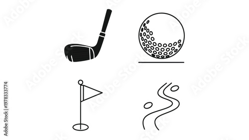 Golf Elements: Simple illustrations of essential golf elements, perfect for designing, showcasing the core components of the sport.