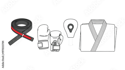 Martial Arts Essentials: A curated selection of key elements used in martial arts. A concise ensemble of protective gear and attire, perfect for training and competition