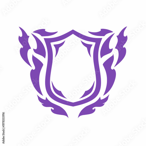 Purple Shield Emblem with Ornamental Tribal Wings on White