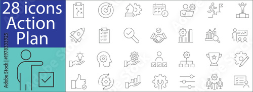 Action plan icons set with strategy, checklist, goal setting, task management, and business planning concepts in modern line style.