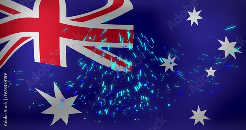 Animation of illuminated dots over waving flag of australia in background