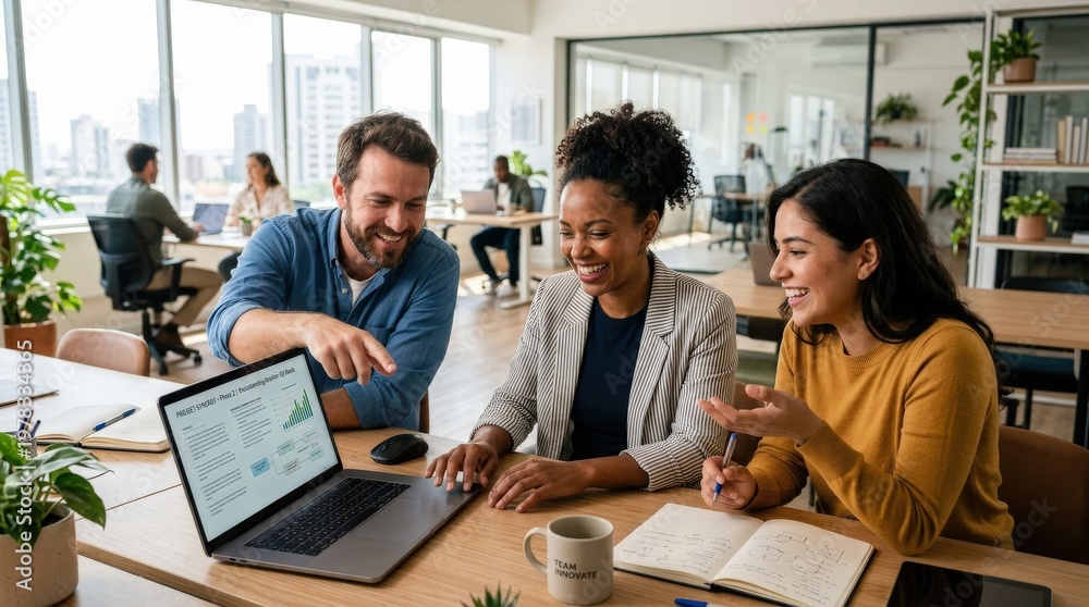 Fototapeta premium Smiling colleagues discussing project ideas while working on a laptop at the office, bright interior, shared focus and approachable corporate teamwork energy, ultra-realistic, no logos.