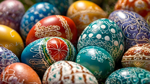 colorful easter eggs, Macro shot of beautifully painted Easter eggs with intricate patterns high detail texture