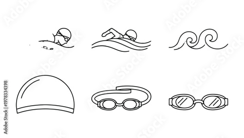 Swimming Essential Icons: A set of stylish icons that capture the essence of swimming, featuring elements like swimmer, waves, goggles, and swimming cap for sports enthusiasts.
