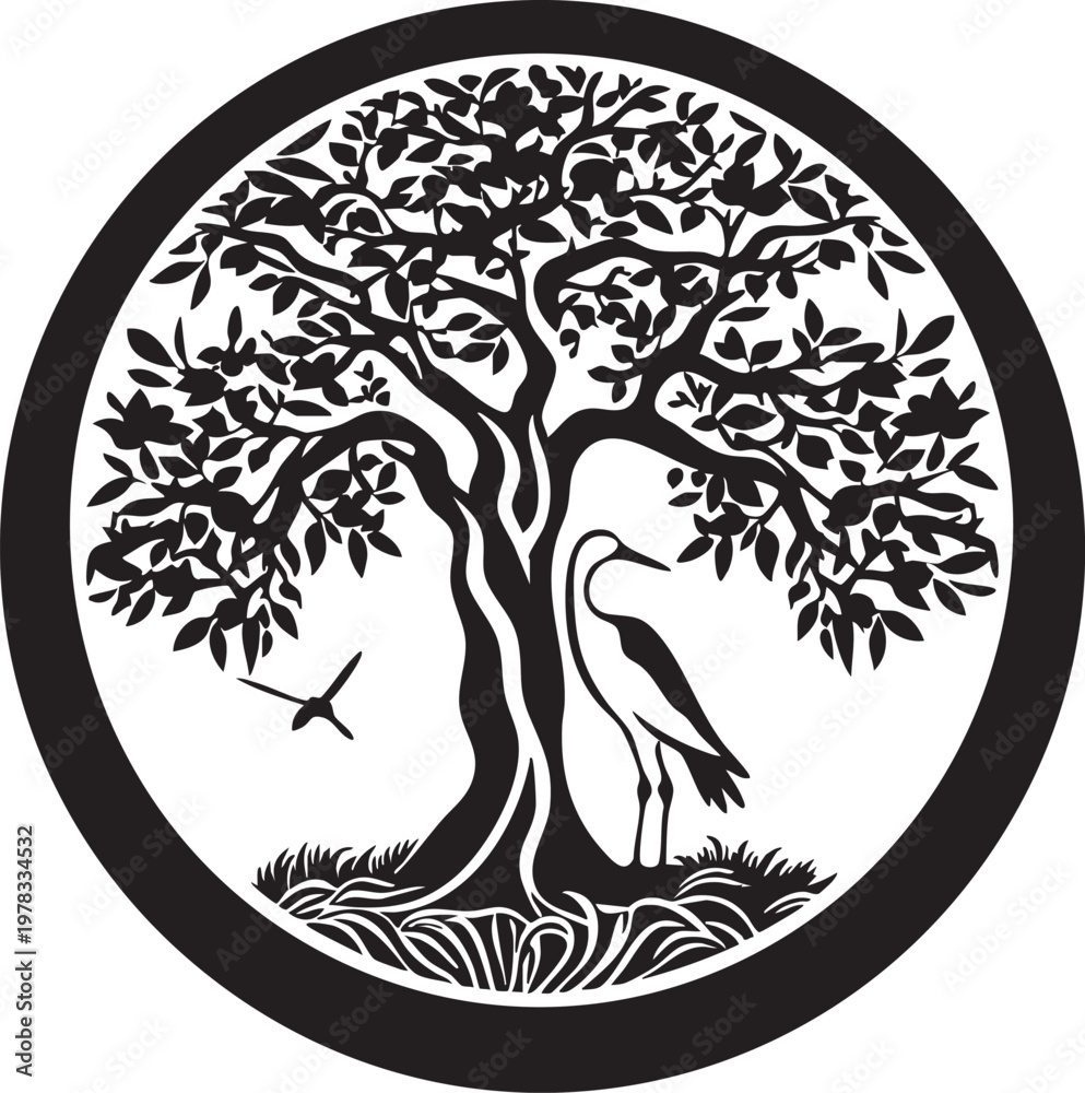 Fototapeta premium Tree of life with bird and roots in circle ancient symbol of nature vector graphic design.