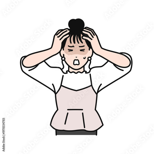 頭を抱えて悩むまとめ髪の若い女性のシンプルなベクターイラスト素材