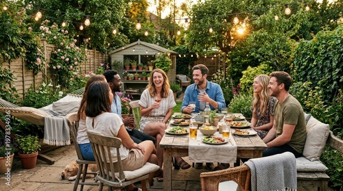 A group of friends enjoying summer in a cozy backyard setting, casual furniture, warm light and easygoing seasonal togetherness, ultra-realistic, no logos.