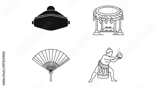 Japanese Culture Illustrations: A set of iconic illustrations that represent Japanese culture elements, including a Sumo wrestler, traditional fan, a drum, and a traditional Japanese headwear.