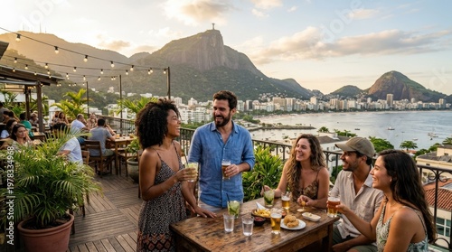 A group of friends socializing on a terrace with Corcovado hill in the background, open city view, warm daylight and unmistakable Rio atmosphere, ultra-realistic, no logos.