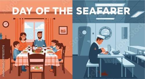 Schilderij op canvas Split screen illustration for day of the seafarer of a family dinner and lonely