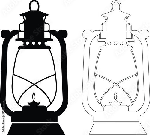 Vintage lantern lamp icon set collection group, oil lamp, hurricane lantern, kerosene light, antique lighting vector in black flat and line style, classic illumination symbols pack
