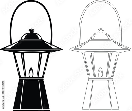 Vintage lantern lamp icon set collection group, oil lamp, hurricane lantern, kerosene light, antique lighting vector in black flat and line style, classic illumination symbols pack