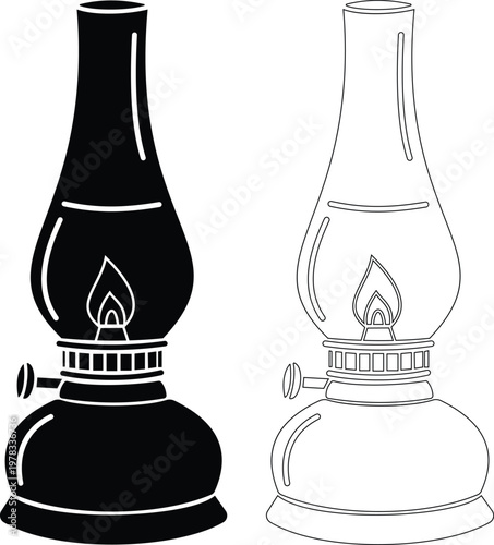 Vintage lantern lamp icon set collection group, oil lamp, hurricane lantern, kerosene light, antique lighting vector in black flat and line style, classic illumination symbols pack