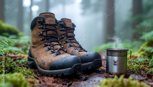 Outdoor Camping Gear with Muddy Hiking Boots and Coffee Mug